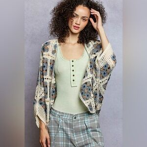 POL Open Front Floral Crochet Cardigan